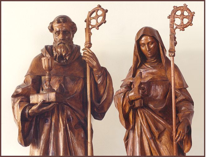 Sts Benedict and Scholastica at entrance to monastery