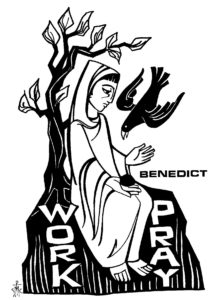 St. Benedict believed that every person needs a balance of prayer and work in daily life. Artwork by +Sister Mary Charles McGough.